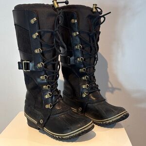 SOREL Boots Conquest Carly Tall Suede Leather Duck Black Size 6.5